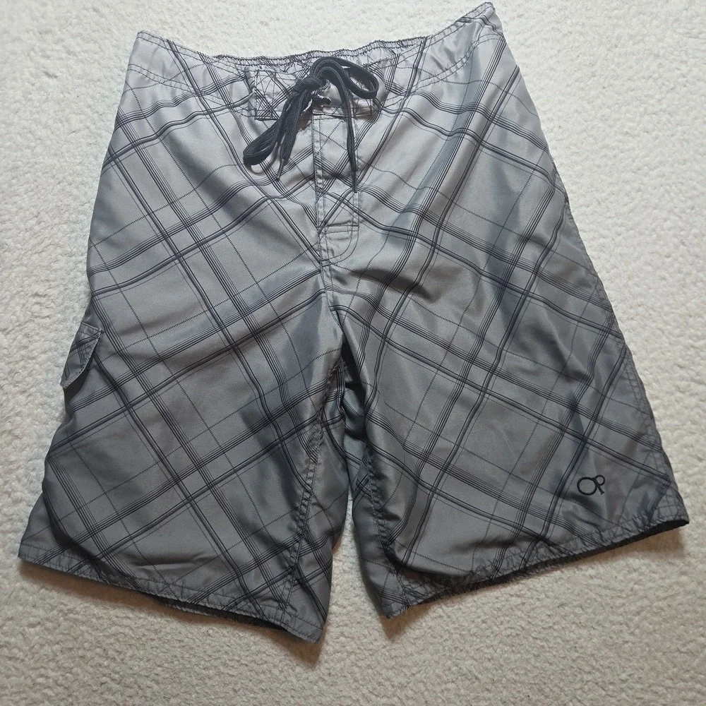 OP (Ocean Pacific) Men's Grey Plaid Board Shorts/Swim Trunks Size 30 Y2K